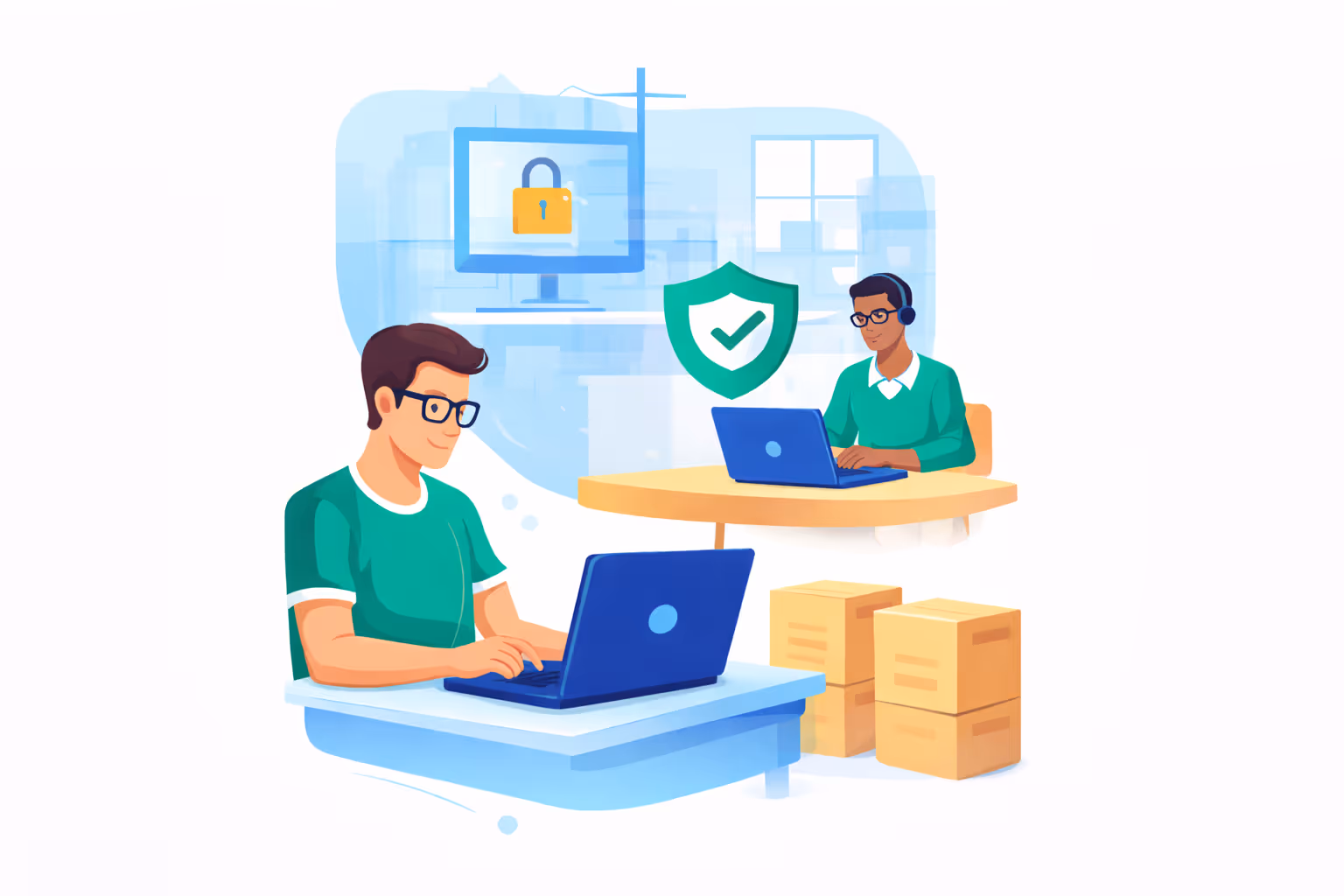 Two people working on laptops with security icons, including a lock and shield with a checkmark, representing secure online work.