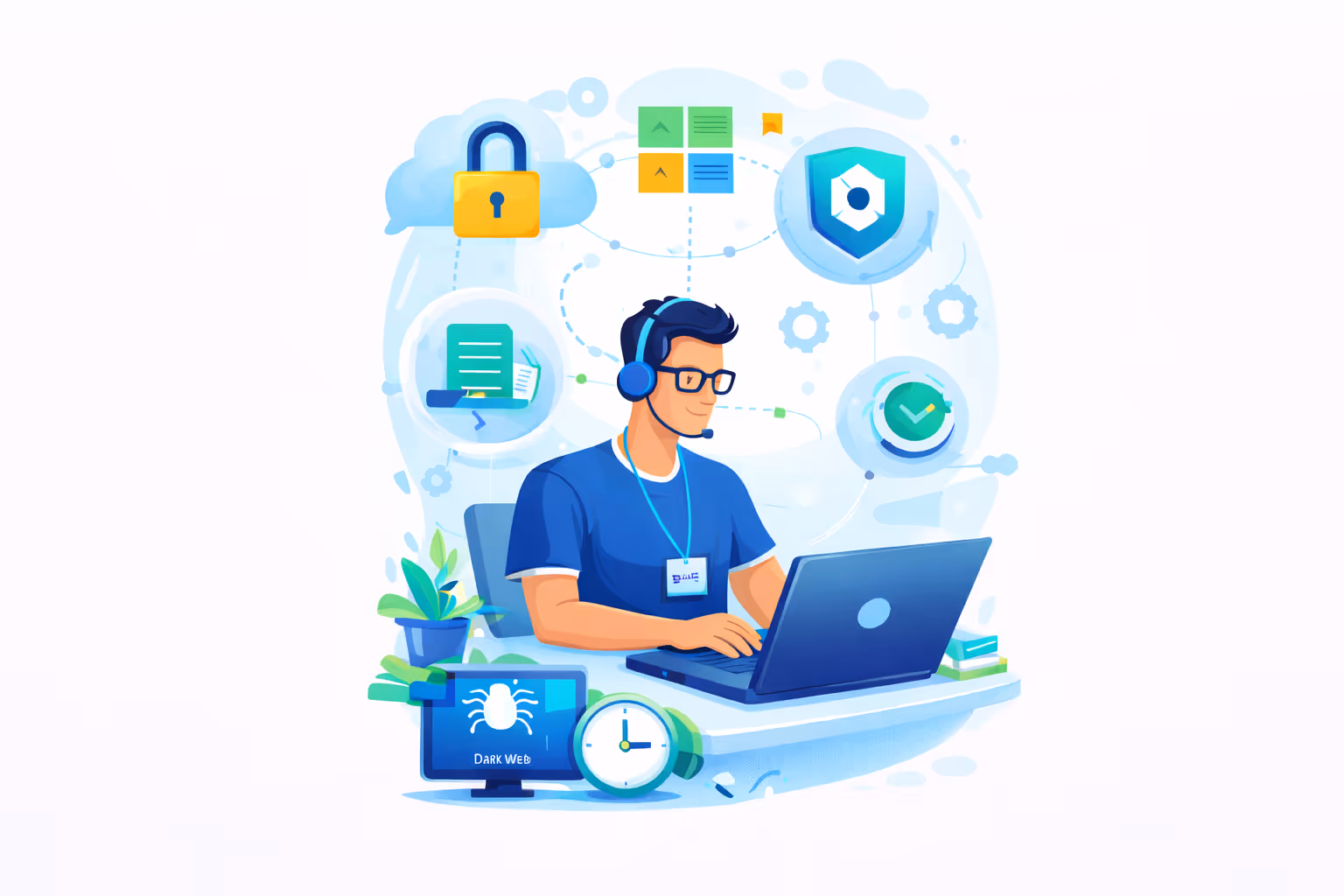 Man with headset working on laptop surrounded by icons of cybersecurity, data protection, and dark web monitoring.