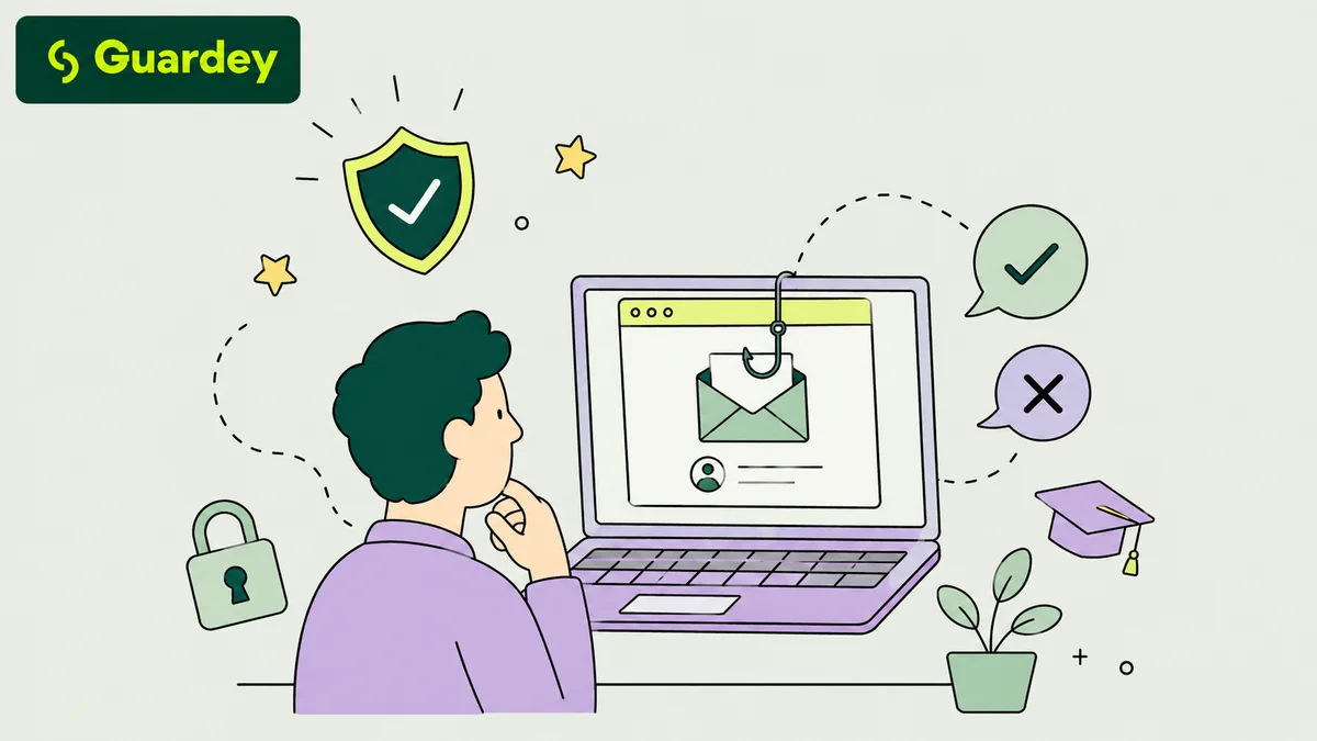 Illustratie van medewerker die een phishingmail herkent op laptop, met Guardey-logo en iconen voor beveiliging en training