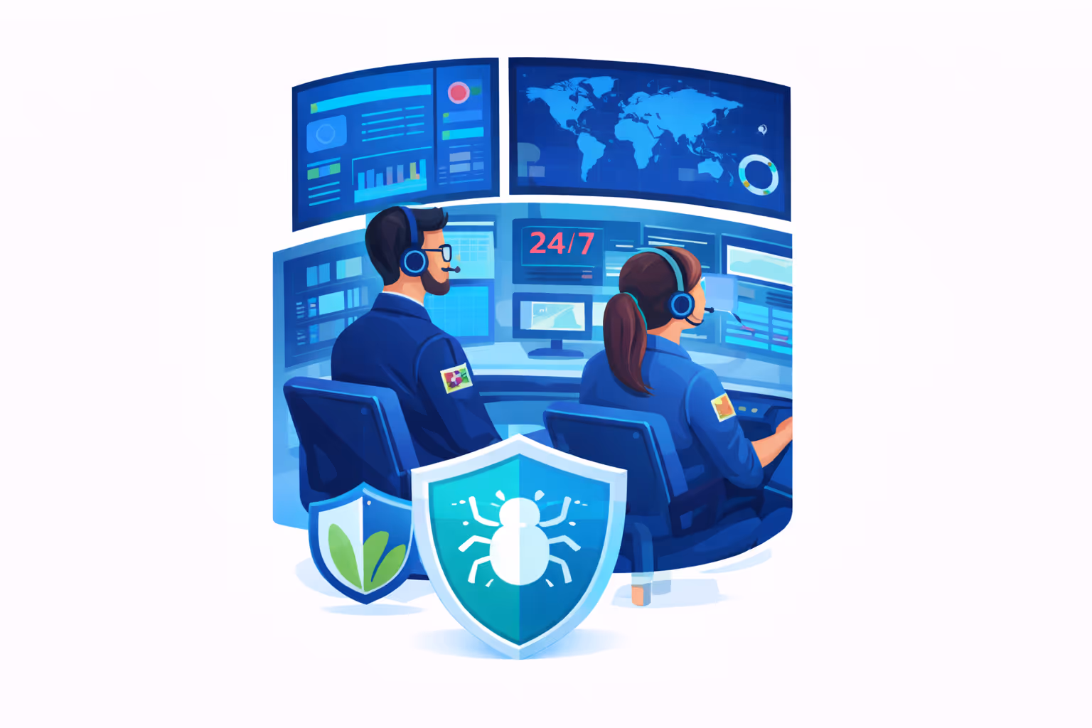 Two security analysts wearing headsets monitoring multiple data and world map screens with 24/7 service displayed, with bug and leaf security shield icons in front.