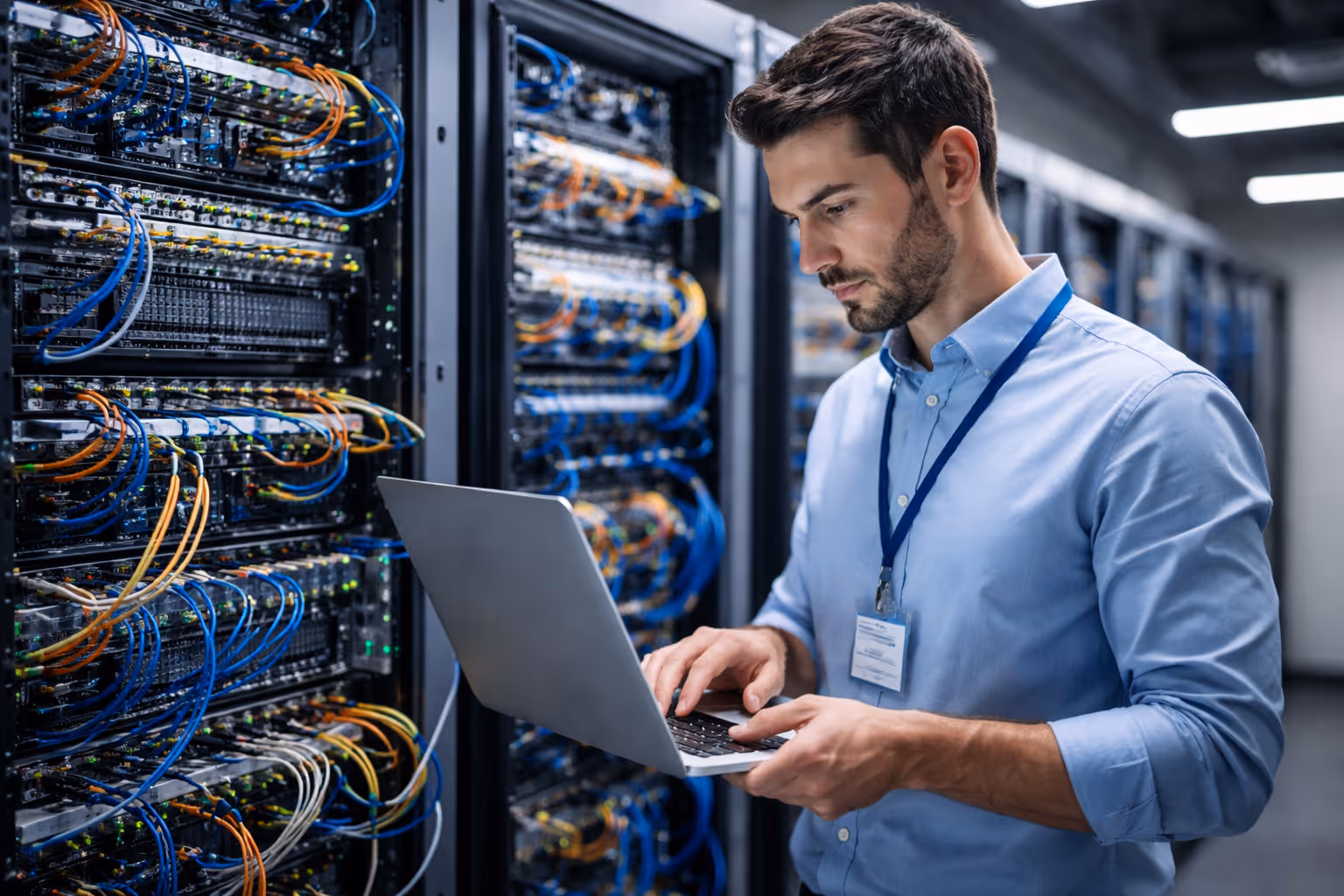 Technician in a blue shirt working on a laptop in a server room with network cables and equipment.