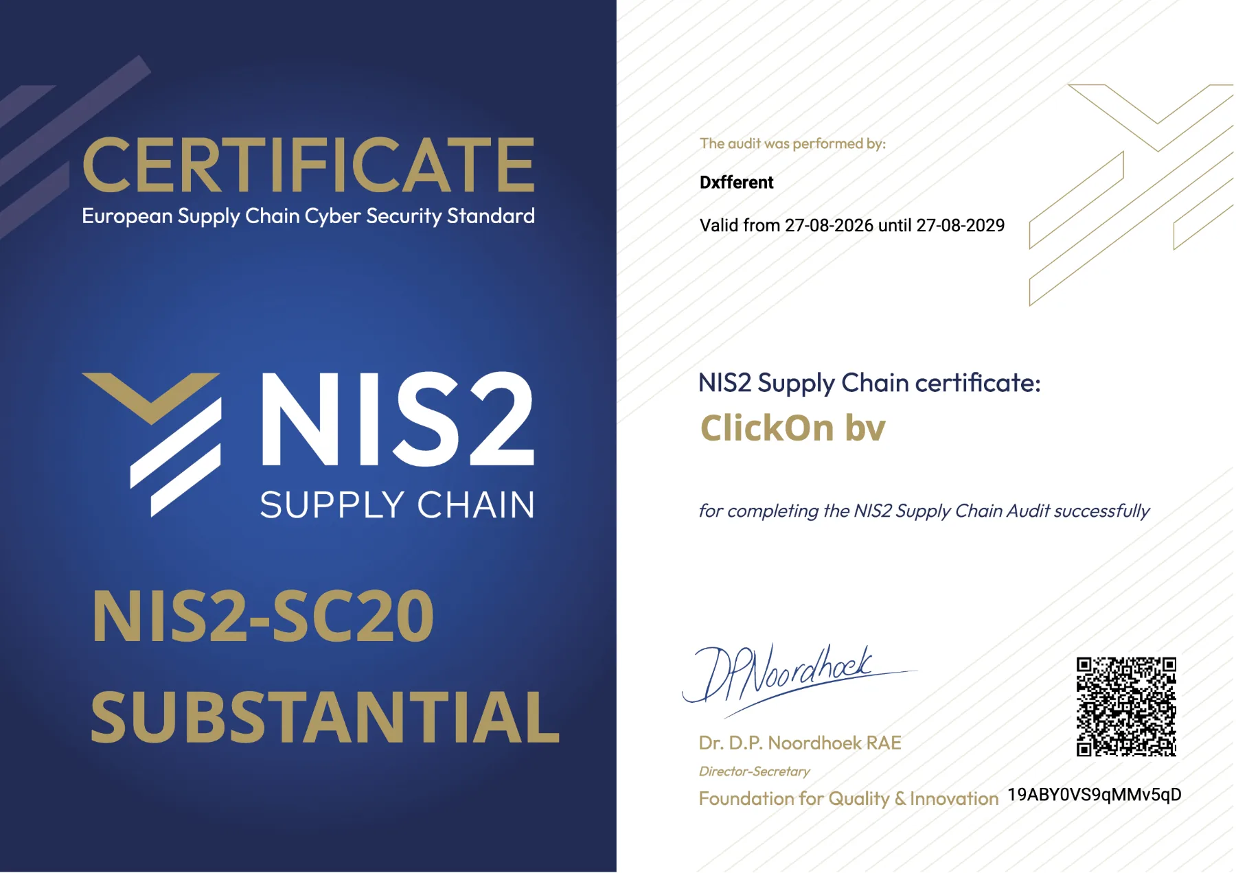 NIS2 Supply Chain certificaat van ClickOn, audit uitgevoerd door Dxfferent